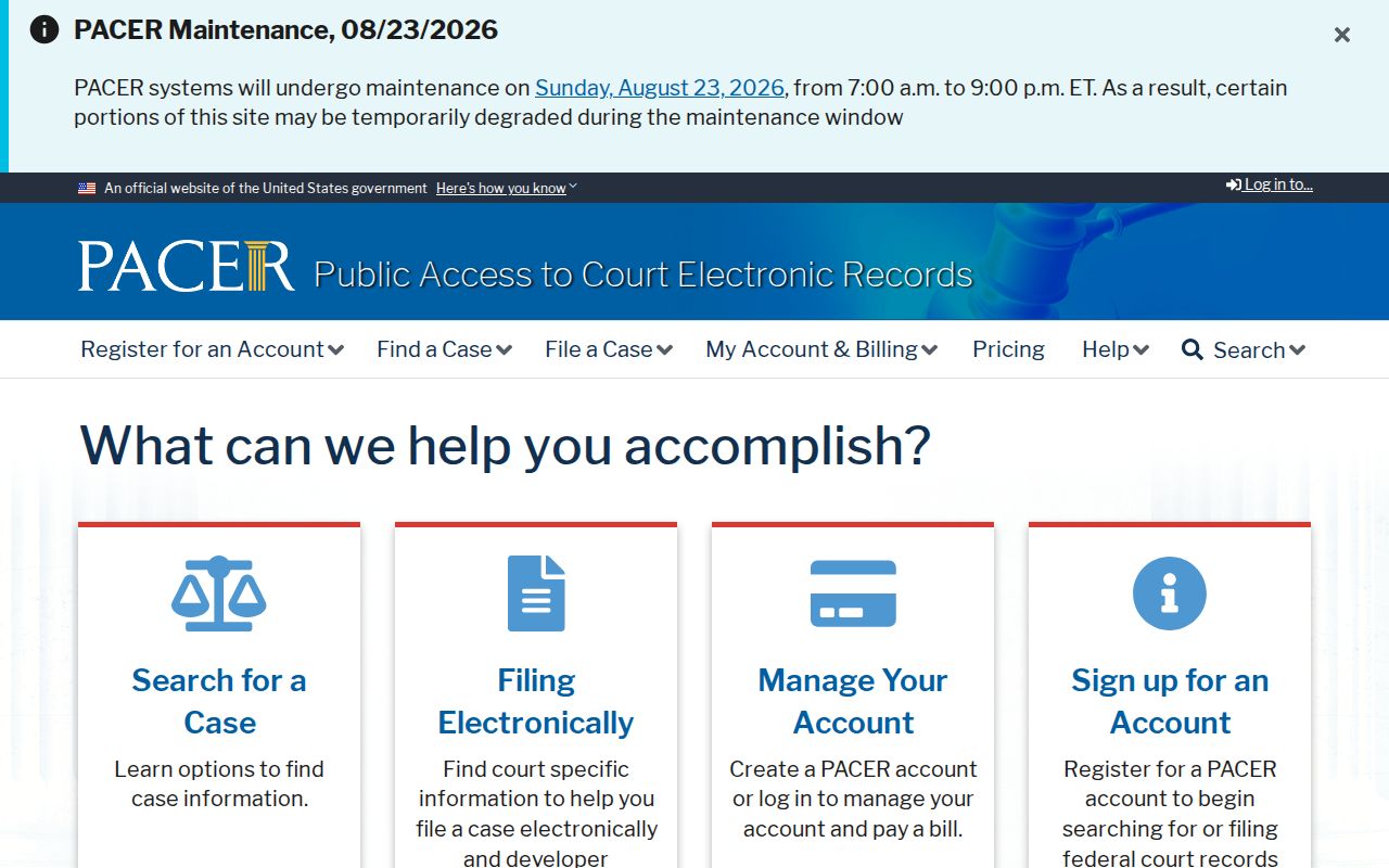 PACER federal case search home page