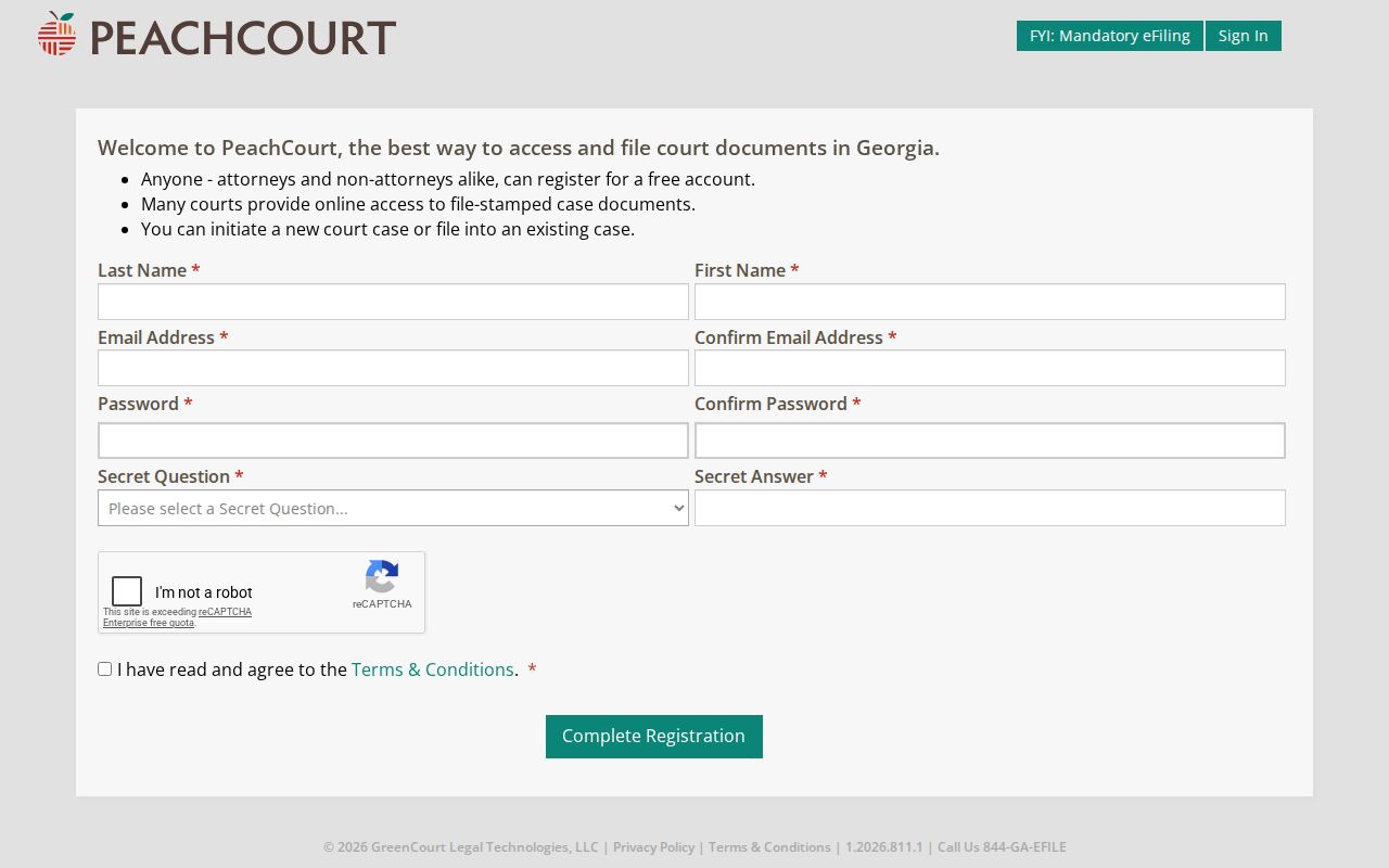 PeachCourt registration form for court document access