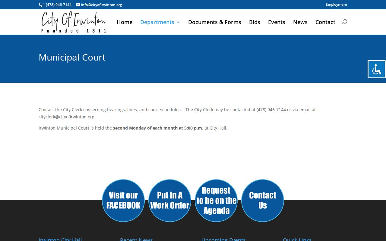 Irwinton Municipal Court page with clerk contact and second-Monday schedule