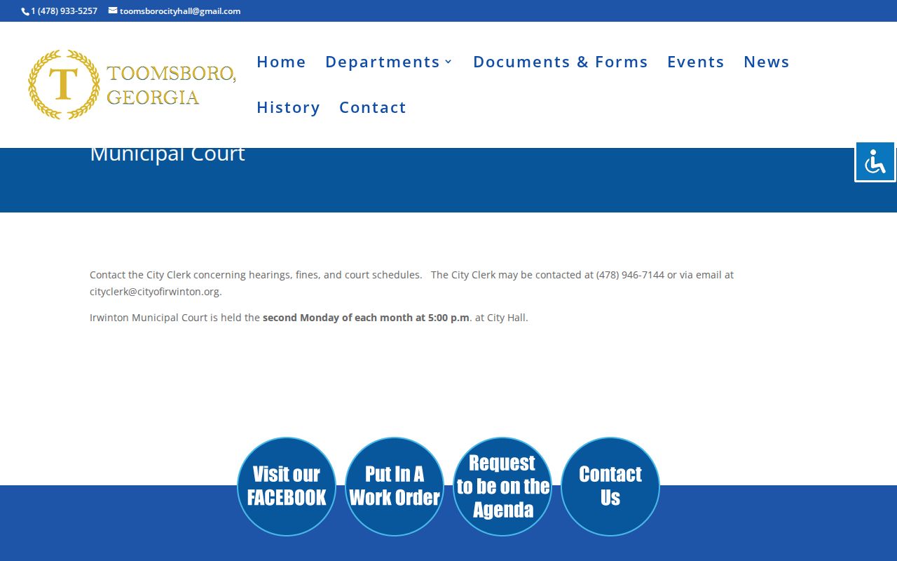 Toomsboro domain page displaying mismatched Irwinton municipal court content
